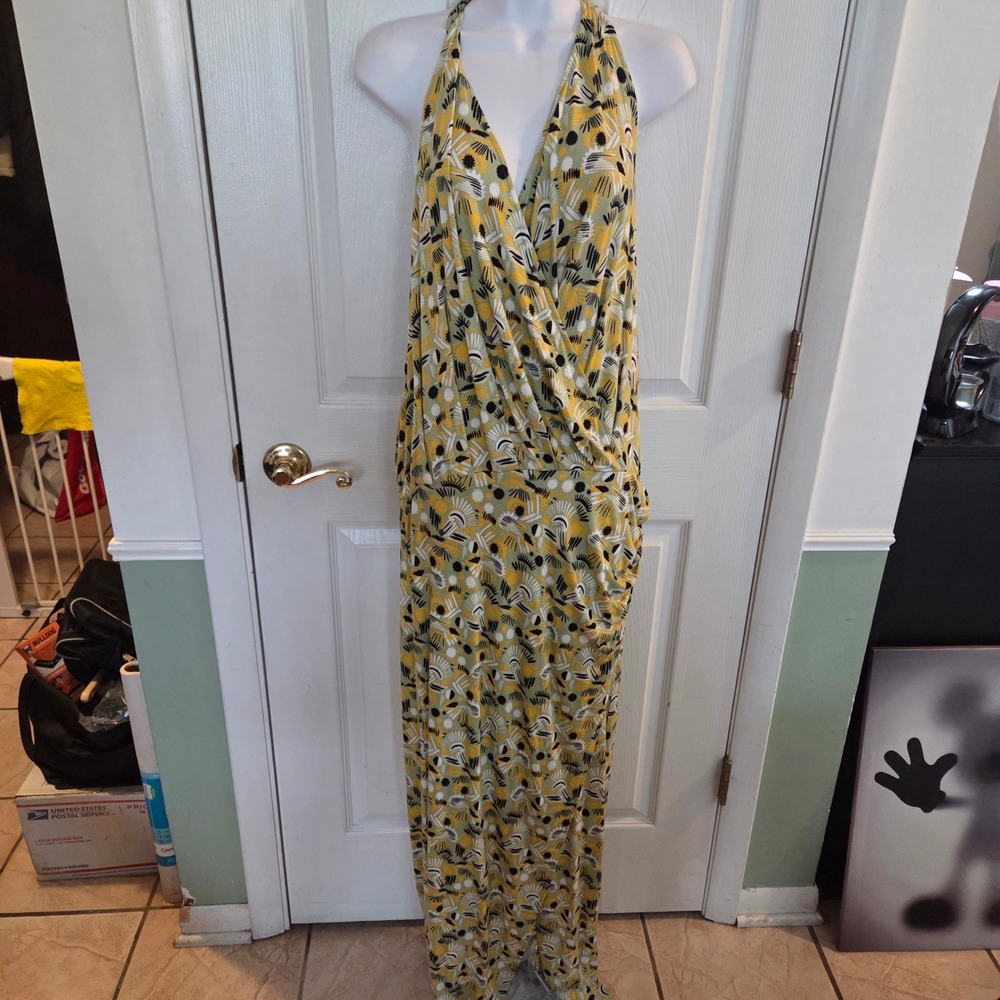 Free People Yellow Green Abstract Print Halter Maxi Dress Lg Boho Artsy Hippie